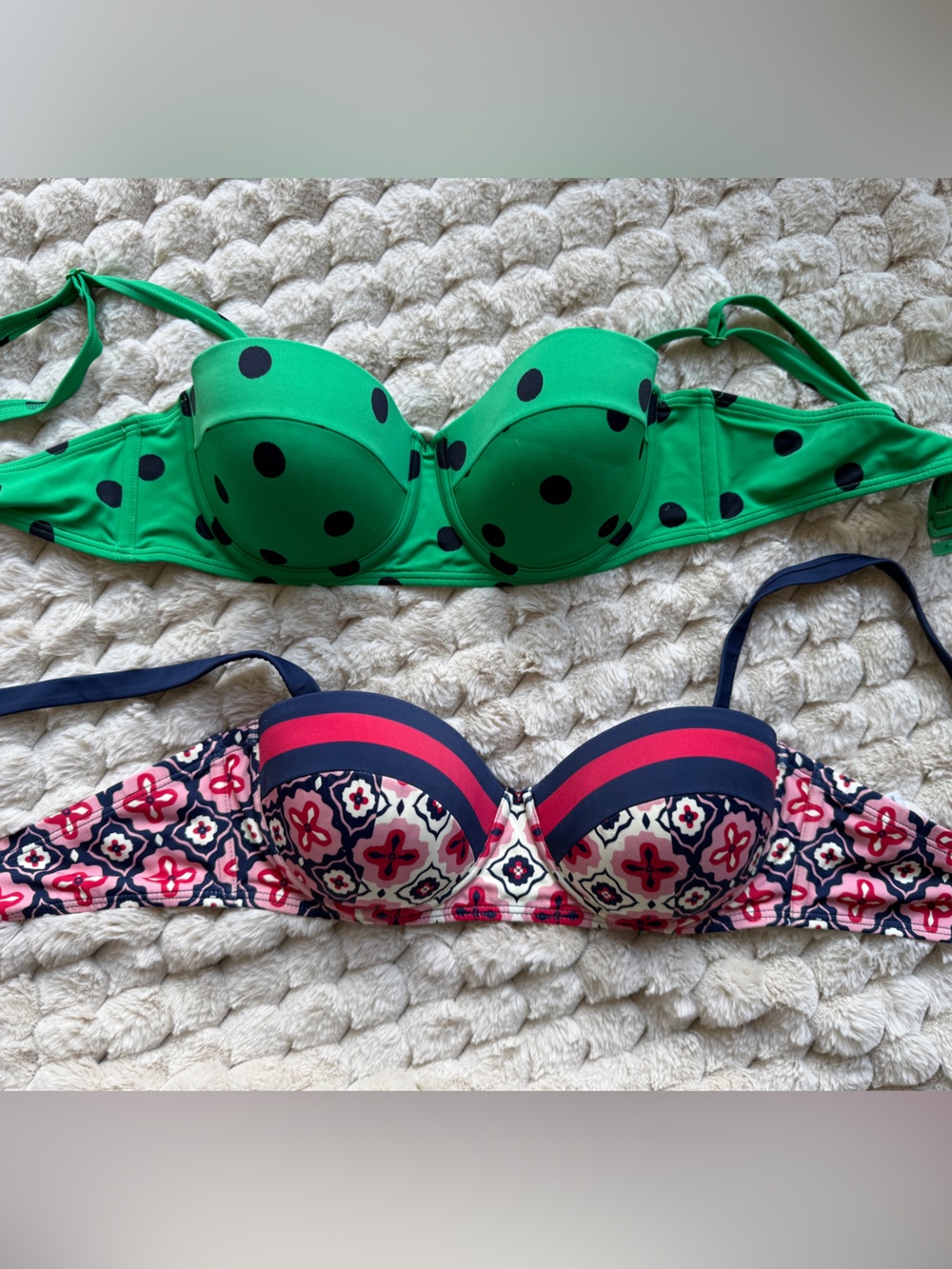 Boden Red & Navy Patterned Bikini Top & Green Polka Dot Bikini Top